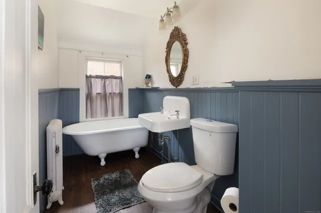 a bathroom with a toilet a sink and a mirror