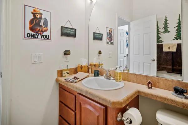 a bathroom with a sink vanity and a mirror
