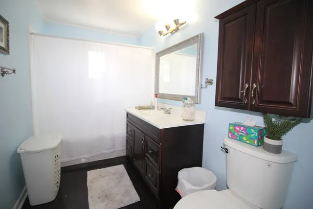 a bathroom with a sink toilet vanity and window