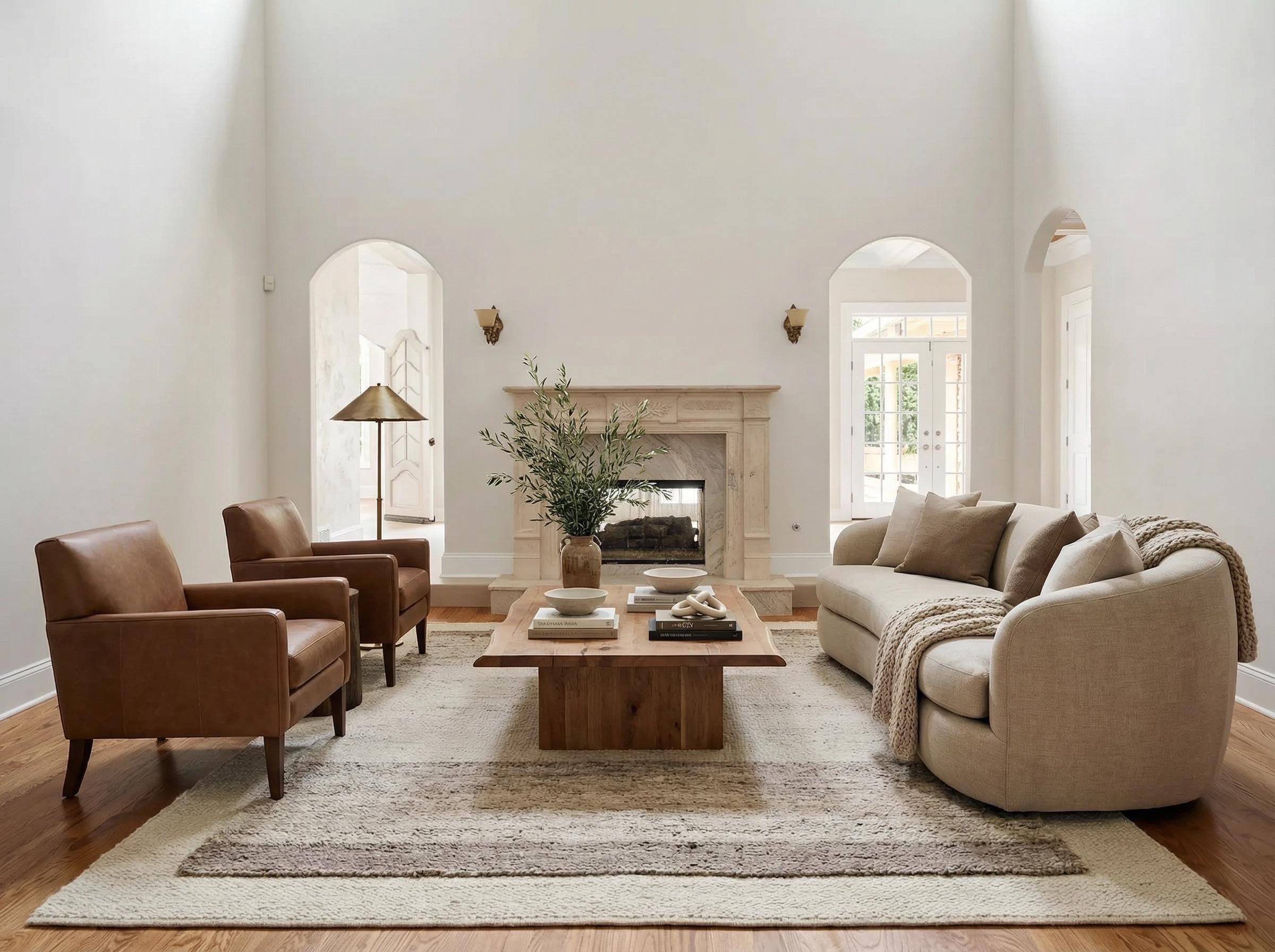 815 Dent Road Eads, TN 38028 - Photo 6 of 40 Living room featuring arched walkways, a high ceiling, light wood-style flooring, a premium fireplace, and french doors