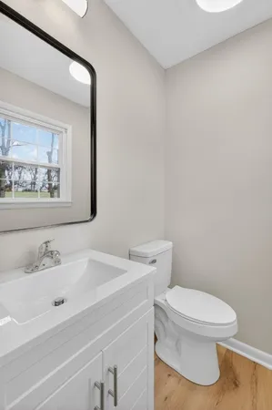 a bathroom with a sink a toilet and mirror