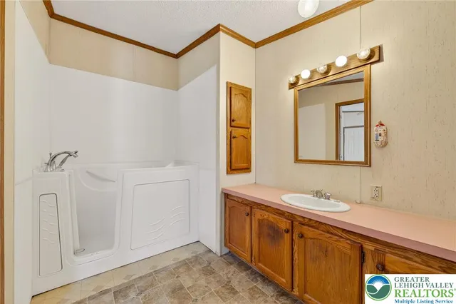 a bathroom with a granite countertop sink a mirror and shower