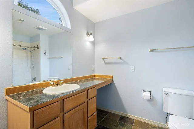 a bathroom with a granite countertop sink and a mirror