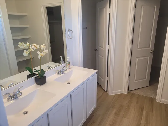 a bathroom with a sink and a mirror