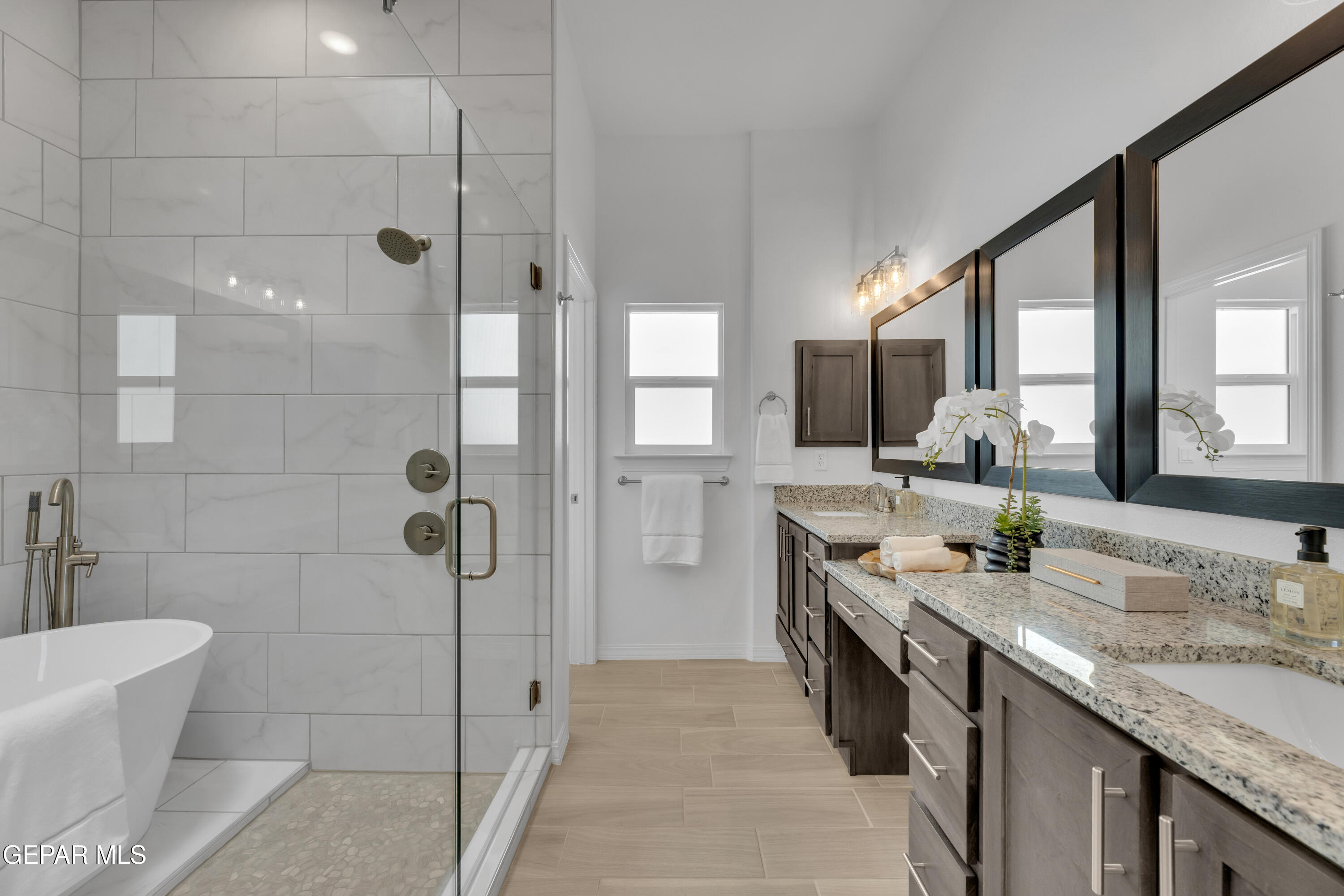 6035 Summer Ridge Santa Teresa, NM 88008 - Photo 35 of 49 a bathroom with a granite countertop double vanity sink a mirror and a shower