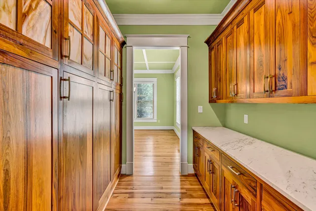 an aerial view of a house with a garden