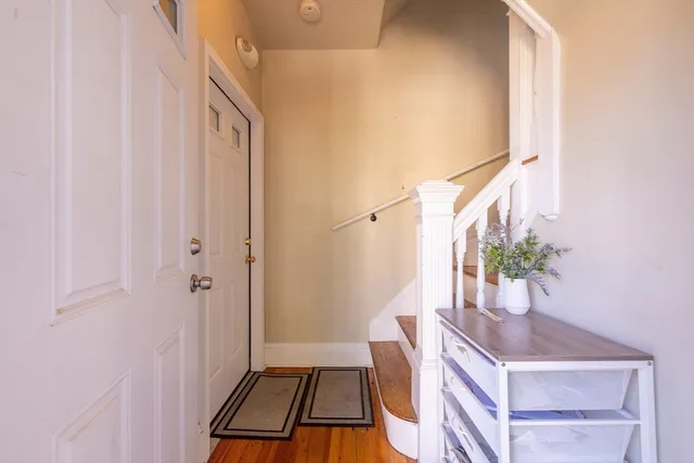 a room with wooden floor and potted plant