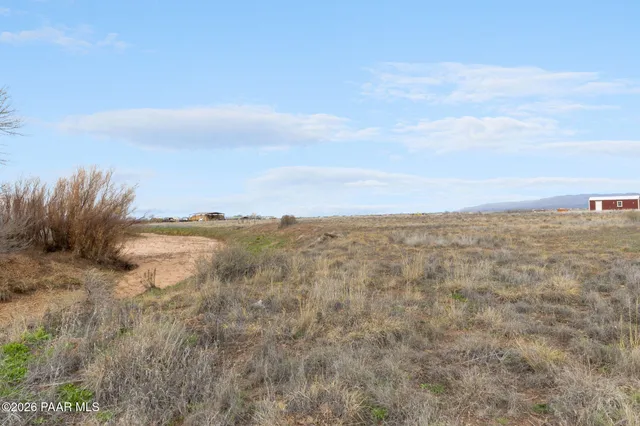 a view of a yard and mountain in the back
