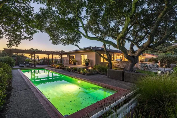 a view of a swimming pool with a patio and a garden