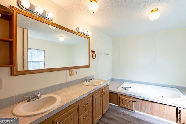 a bathroom with a sink double vanity and a mirror