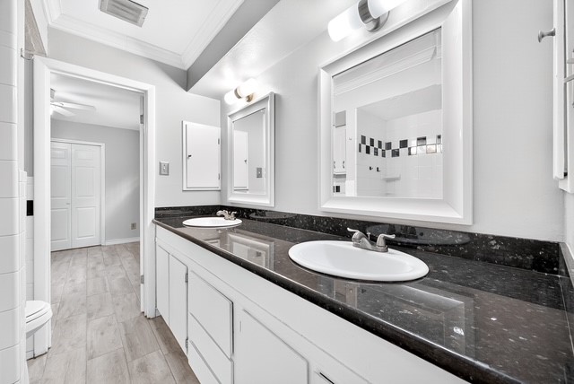1418 Vermont Street, Unit 3 Houston, TX 77006 - Photo 11 of 14 a bathroom with a granite countertop sink a mirror and a shower