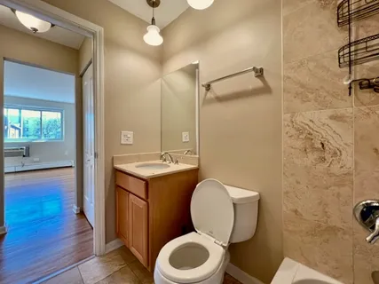 a bathroom with a granite countertop toilet sink and mirror