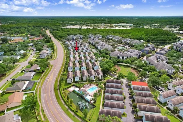 a view of a city with a garden