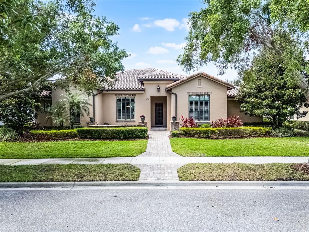 a front view of a house with a yard and tree