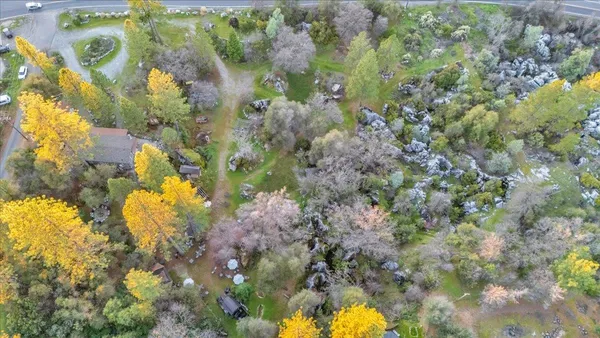 a view of a tables and chairs in a backyard