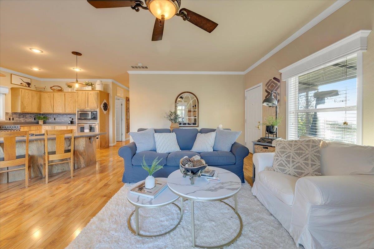 22389 Parrotts Ferry Road Columbia, CA 95310 - Photo 38 of 60 Living area with crown molding, light wood-style flooring, and a ceiling fan