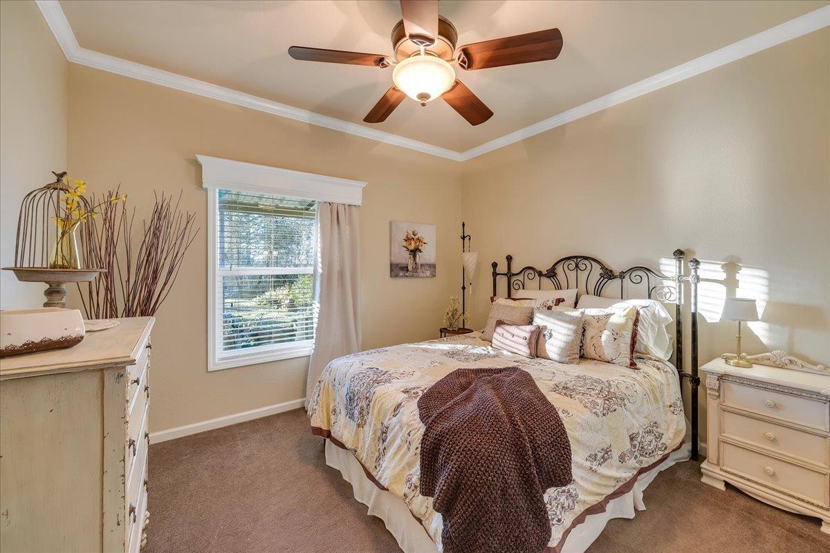22389 Parrotts Ferry Road Columbia, CA 95310 - Photo 51 of 60 Bedroom featuring ornamental molding, dark colored carpet, and a ceiling fan