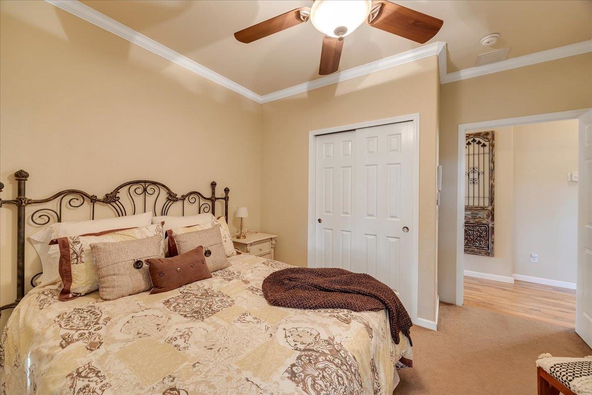 22389 Parrotts Ferry Road Columbia, CA 95310 - Photo 52 of 60 Bedroom featuring ornamental molding, light carpet, a closet, and a ceiling fan