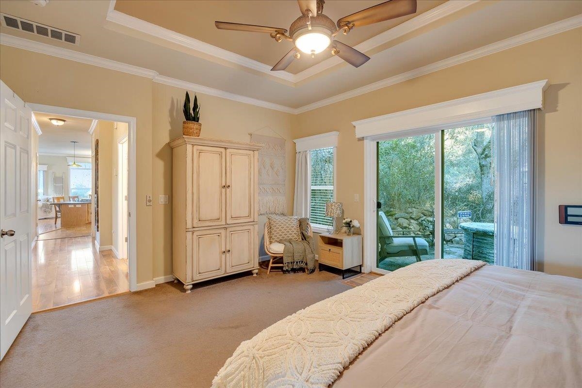 22389 Parrotts Ferry Road Columbia, CA 95310 - Photo 56 of 60 Bedroom with crown molding, light colored carpet, a ceiling fan, access to exterior, and a tray ceiling