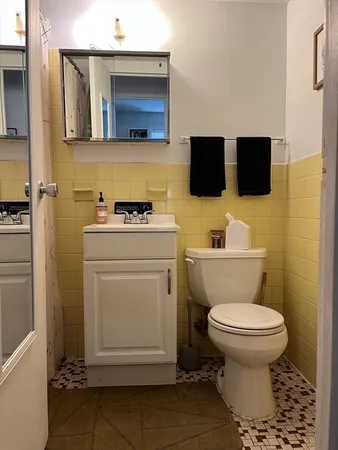 a bathroom with a toilet a sink and a mirror