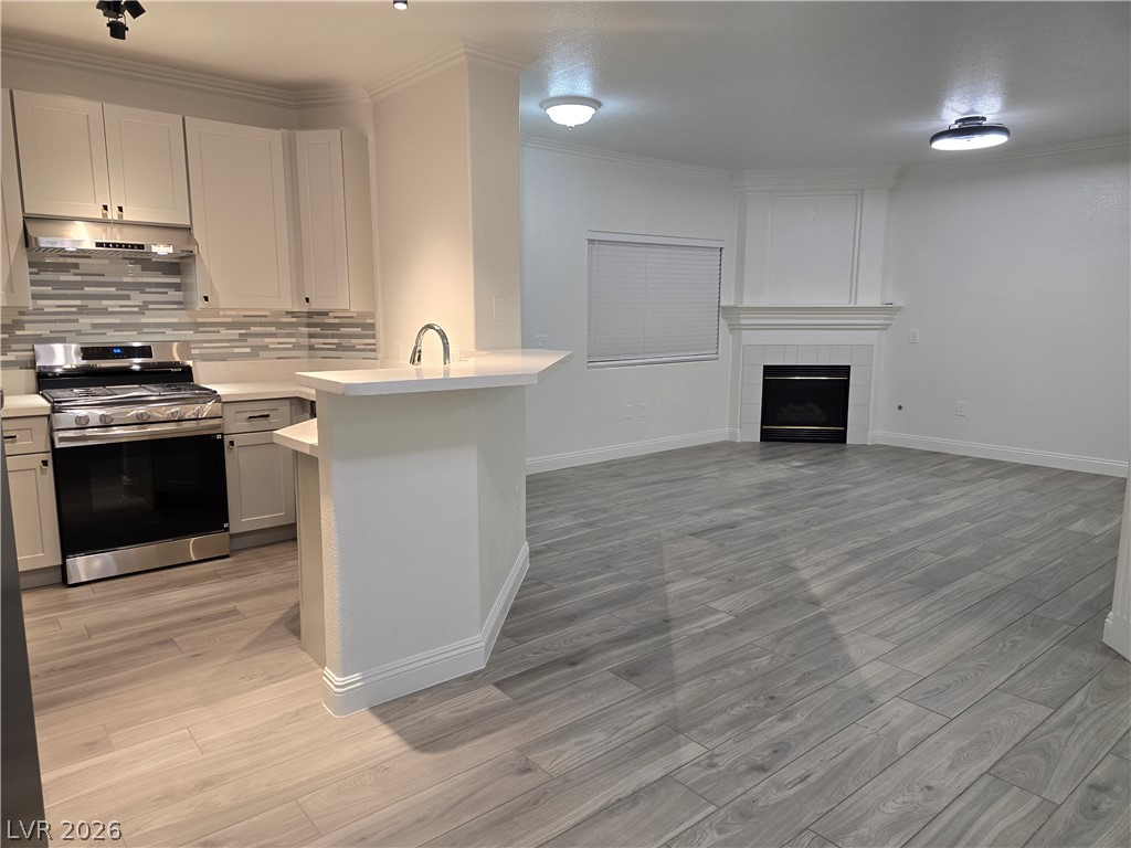 1881 West Alexander Road, Unit 1127 North Las Vegas, NV 89032 - Photo 6 of 20 A well-appointed kitchen flows seamlessly into a comfortable living space featuring a cozy fireplace.
