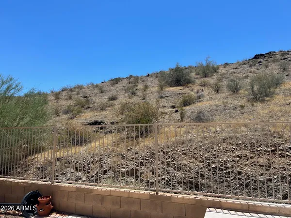 a view of a dry yard with wooden fence