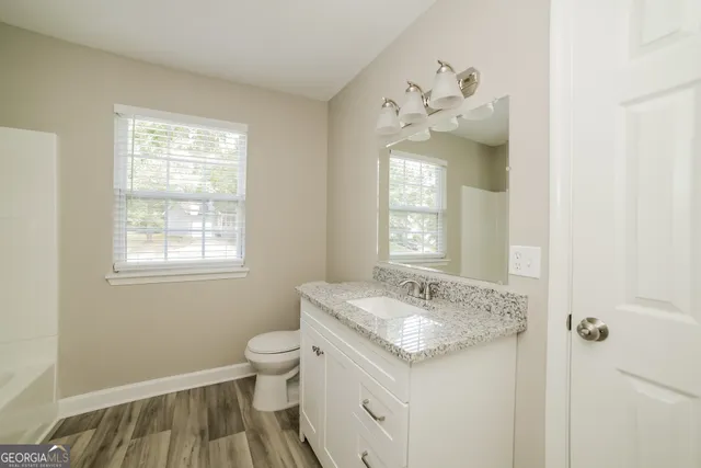 a bathroom with a sink vanity mirror and toilet