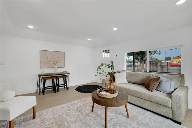 a living room with furniture and a potted plant