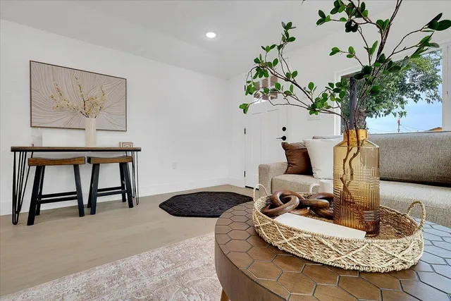 a living room with furniture and a potted plant