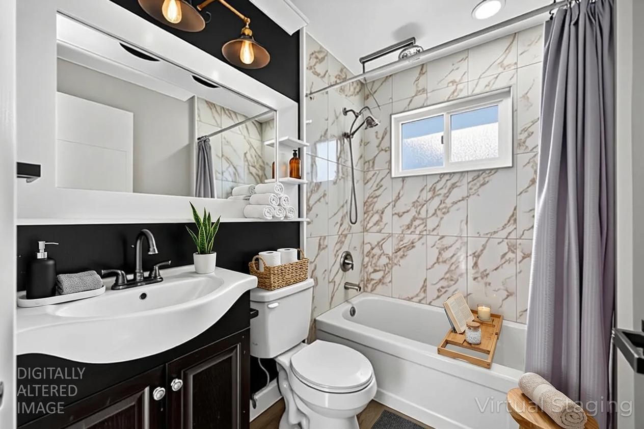10803 Coloma Road, Unit 4 Rancho Cordova, CA 95670 - Photo 6 of 49 VIRTUAL STAGING REMODELED BATHROOM WITH CUSTOM MIRROR. SHOWER OVER TUB WITH DESIGNER TILE SURROUND