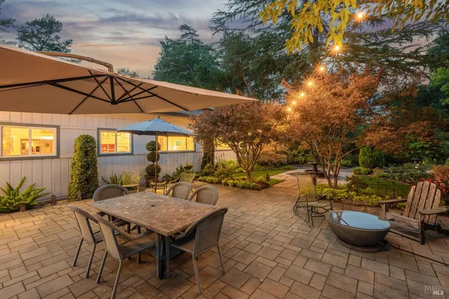 a view of a backyard with table and chairs potted plants and tree
