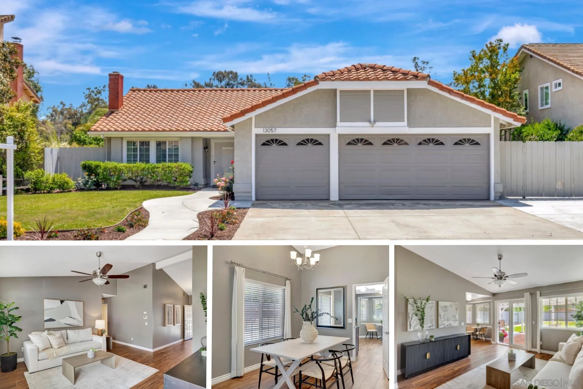 a view of a white house next to a yard with big trees