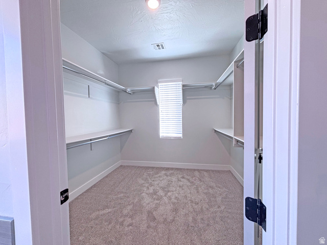 429 East Treasure Road Washington, UT 84780 - Photo 17 of 20 Spacious walk-in closet featuring built-in shelving, hanging rods, carpet flooring, a window with blinds, and recessed lighting