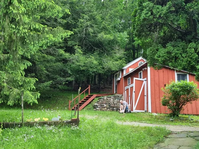 a view of a backyard with a small cabin