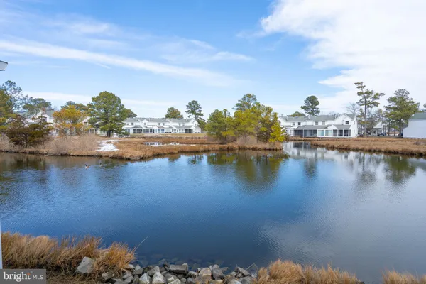 a view of a lake with couches in the background
