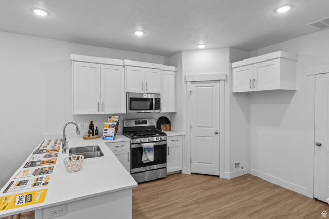 3003 South 265th Street West, Unit 751 Logan, UT 84321 - Photo 3 of 29 Kitchen with a peninsula, stainless steel appliances, white cabinets, light wood finished floors, and recessed lighting