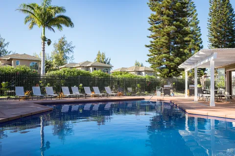 a swimming pool view with a garden space