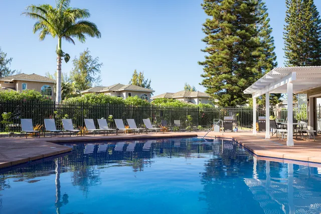 a swimming pool view with a garden space