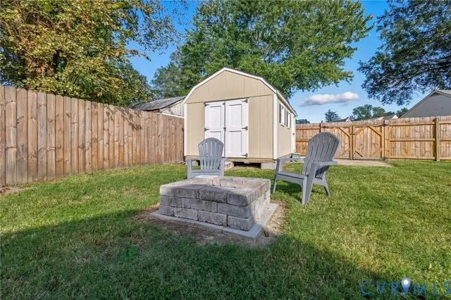 a garden view with a seating space