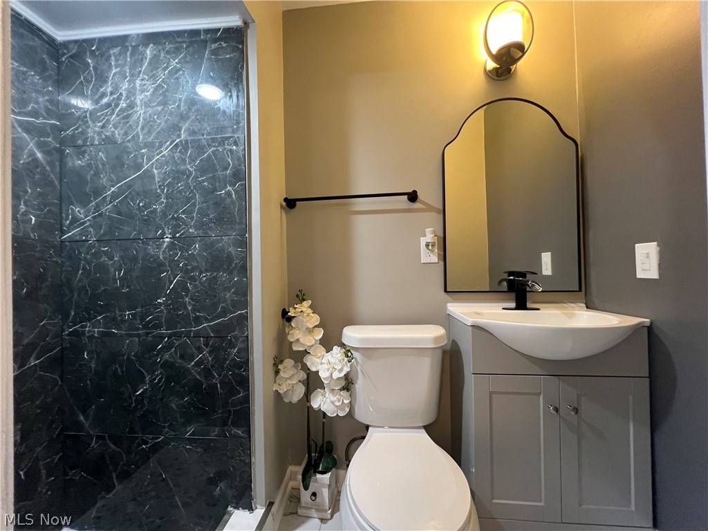 7475 Selwick Drive Parma, OH 44129 - Photo 15 of 29 Bathroom featuring tiled shower, toilet, and vanity with extensive cabinet space