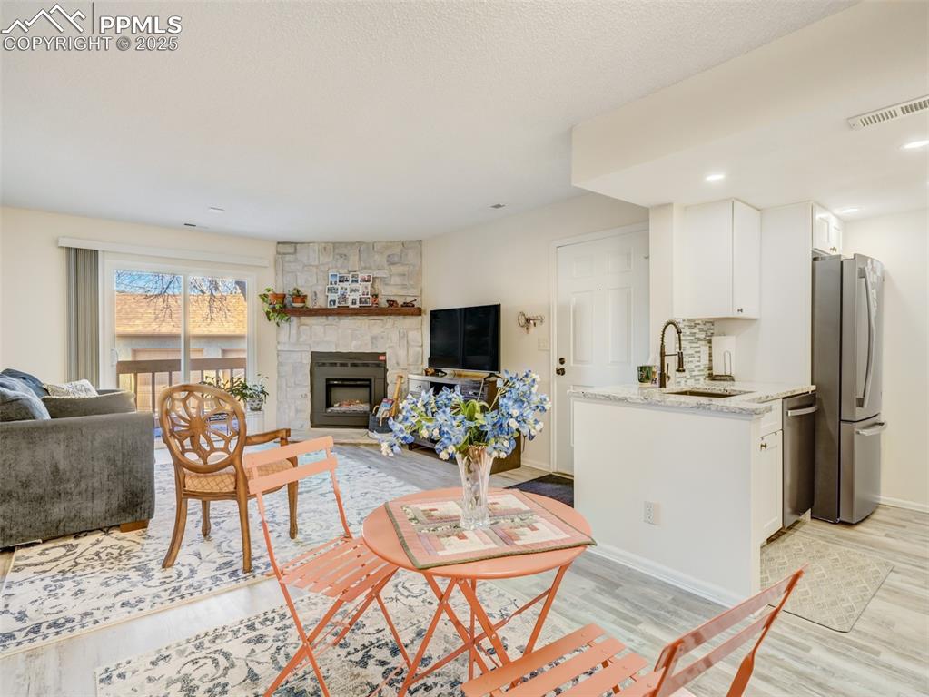 842 Tenderfoot Hill Road, Unit 1 Colorado Springs, CO 80906 - Photo 14 of 41 a living room with furniture a fireplace and a flat screen tv