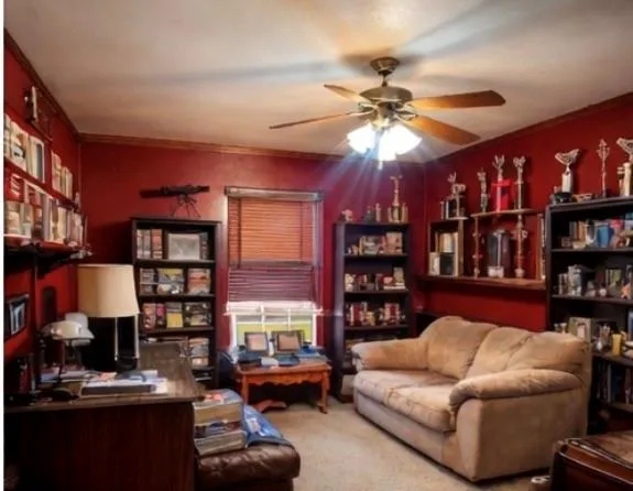 a living room with furniture a lamp and a potted plant