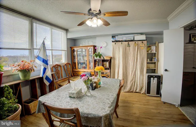a view of a dining room with furniture and a chandelier