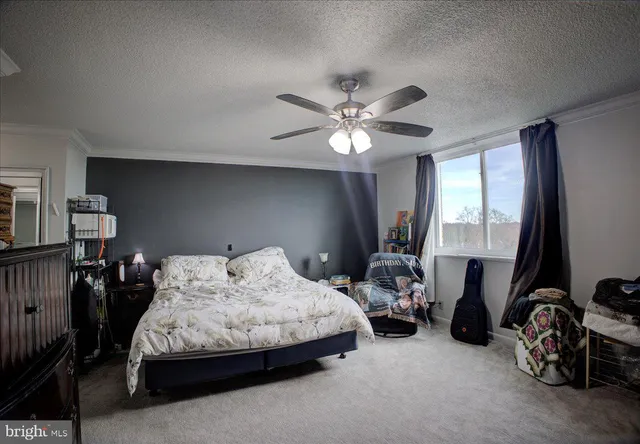 a bedroom with bed a two couches and a chandelier