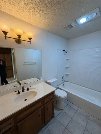 a bathroom with a double vanity sink toilet and a mirror