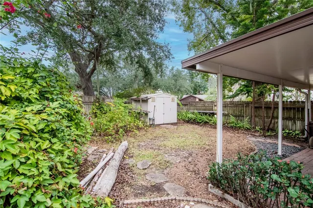 a backyard of a house with plants and large tree