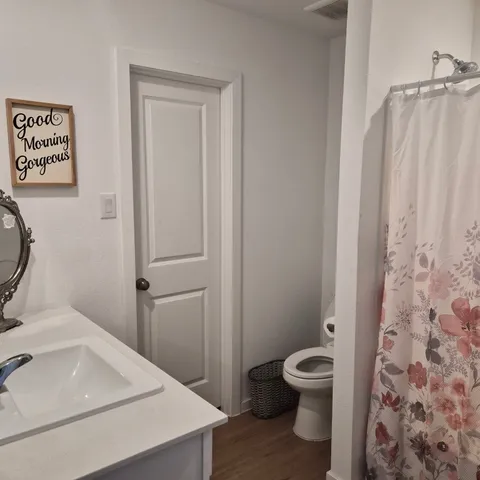 a bathroom with a sink toilet and shower