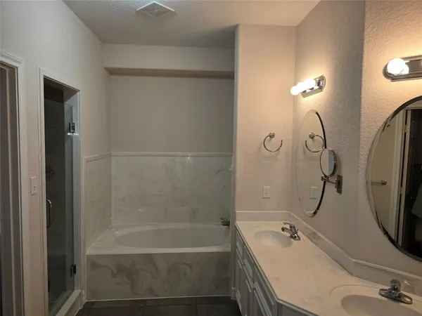 a bathroom with a tub sink and mirror