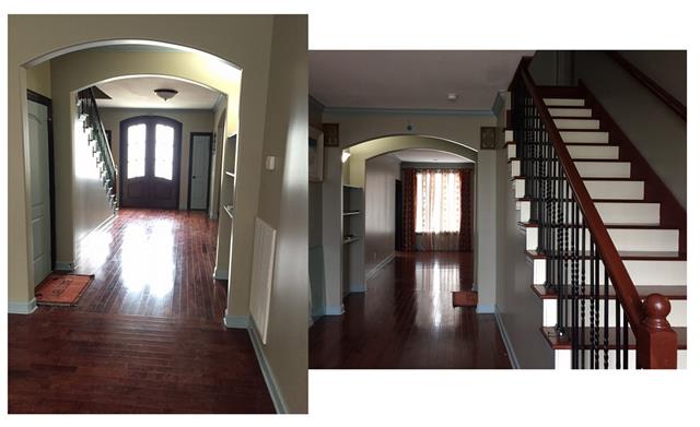 The left photo is from the expansive den. The right is from the gorgeous arched front doors.  The 8’x18’ foyer is welcoming. Notice the arched doorways and extra wide staircase. This entryway features 2 coat closets on each side of the front door.