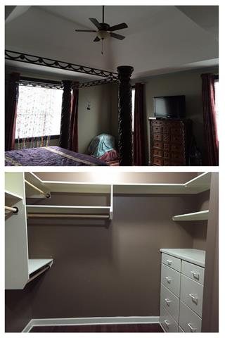 The cozy downstairs master suite takes the entire right wing of the home and is completely private from the other main floor bedrooms.  This 17’x17’ master has a soaring ceiling. Also pictured is one of the many huge walk-in closets in this home. 